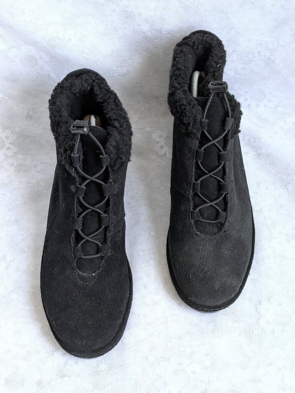 NEW Lands' End Black Suede Faux Fur Sherpa Lined Ankle Pull On Boots Size 9.5 B